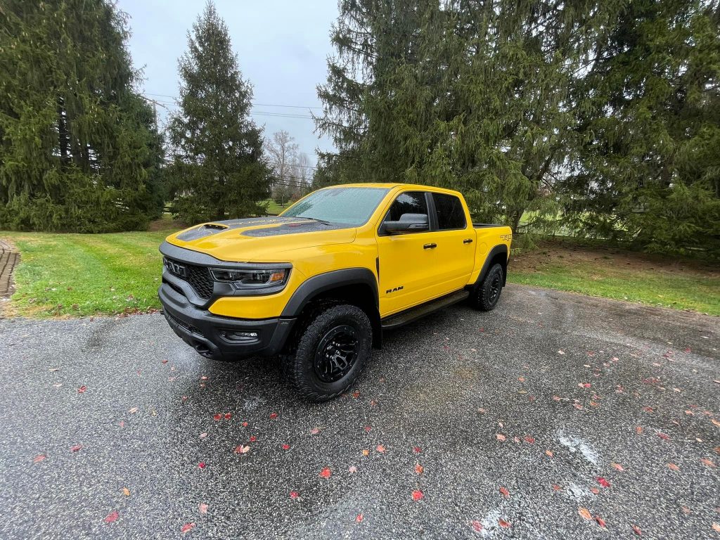 Bright yellow Ram 1500 TRX performance truck after receiving full-service mobile detailing in the Greater Baltimore area.