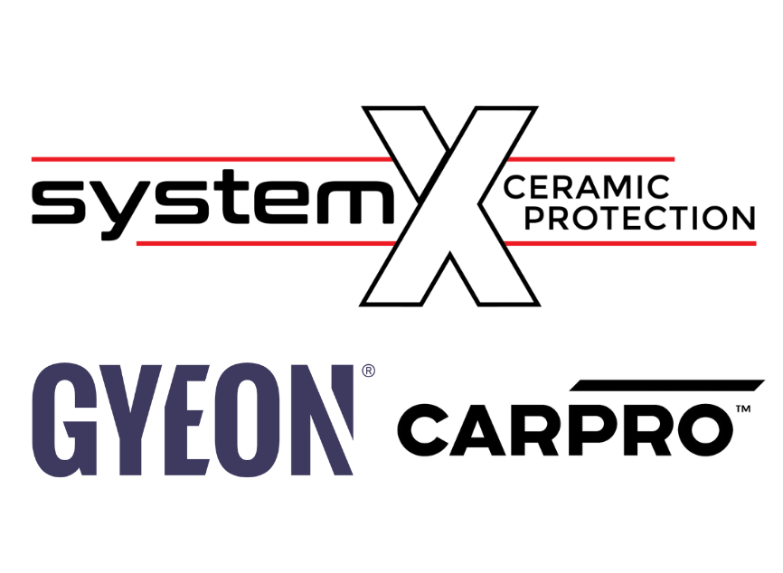 System X, Gyeon, and CarPro professional detailing and ceramic coating brand logos used by DB Detail in Maryland.