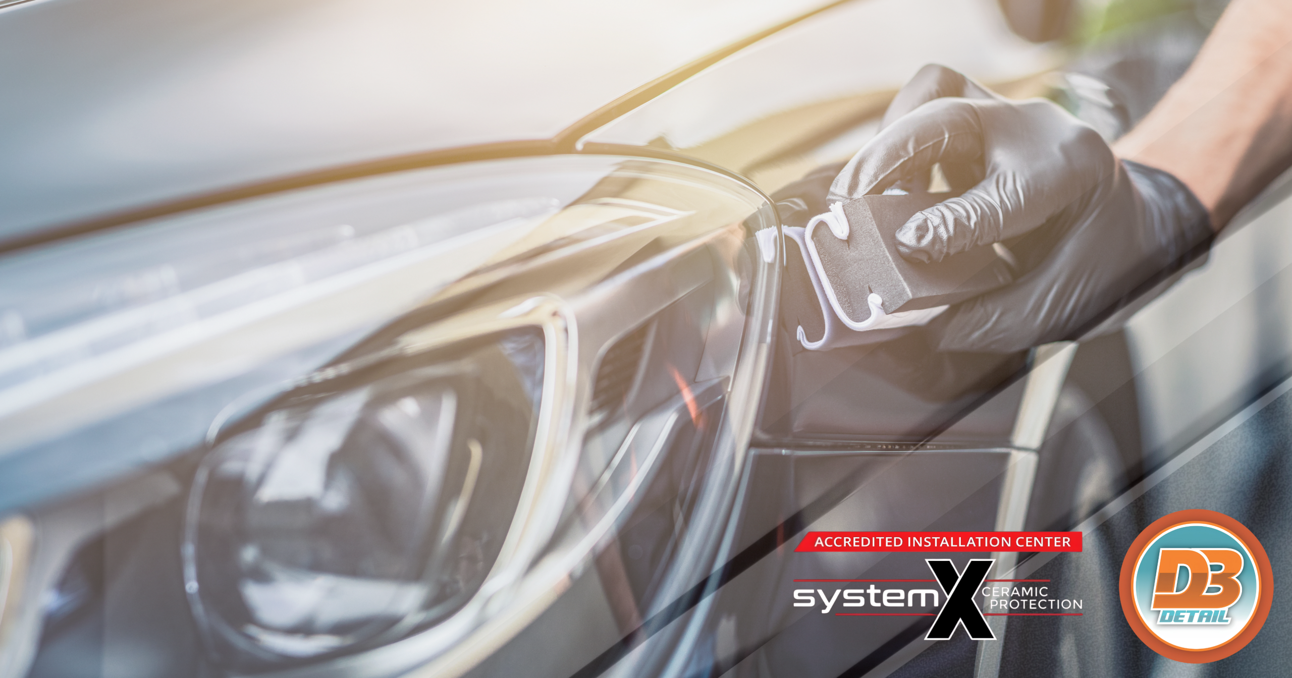 A professional technician wearing black gloves applying ceramic protection to a dark vehicle's fender and headlight, featuring DB Detail and certified System X logos to demonstrate the meticulous installation standards required to avoid the $199 ceramic coating scam.